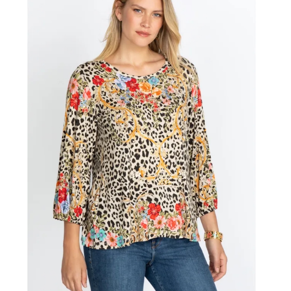 Johnny Was Women's Cheetah Puff Sleeve Top